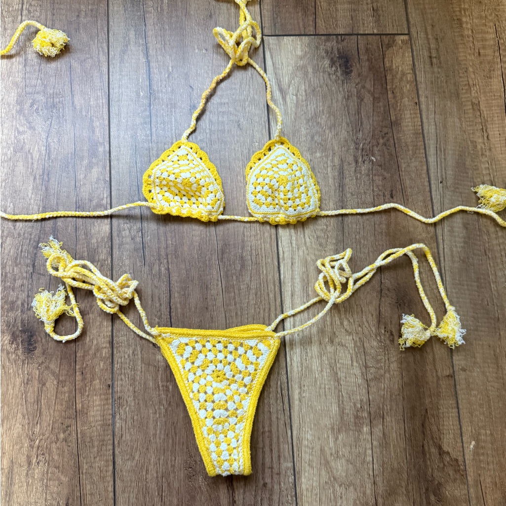 Indah Yellow & White Crochet Triangle Bikini Top